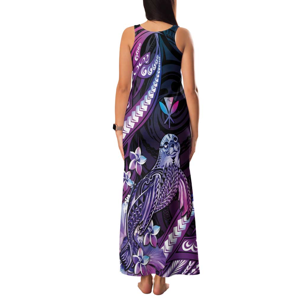 Hawaiian Monk Seal Family Matching Tank Maxi Dress and Hawaiian Shirt Kakau Tribal Pattern Violet Gradient