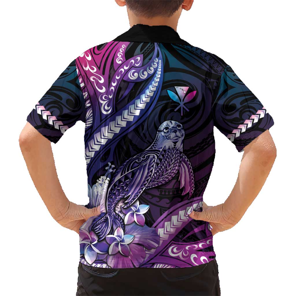 Hawaiian Monk Seal Kid Hawaiian Shirt Kakau Tribal Pattern Violet Gradient LT05 - Polynesian Pride