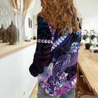 Hawaiian Monk Seal Women Casual Shirt Kakau Tribal Pattern Violet Gradient