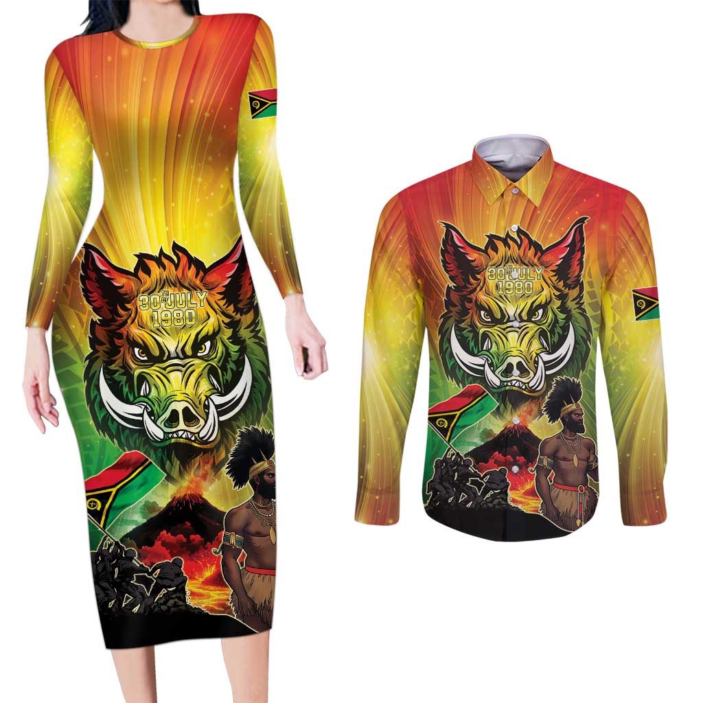 Vanuatu July 30th 1980 Couples Matching Long Sleeve Bodycon Dress and Long Sleeve Button Shirt Happy Independence Day LT05 Reggae - Polynesian Pride