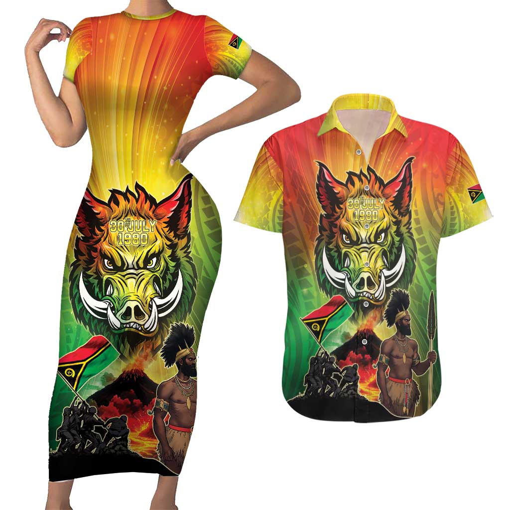Vanuatu July 30th 1980 Couples Matching Short Sleeve Bodycon Dress and Hawaiian Shirt Happy Independence Day LT05 Reggae - Polynesian Pride