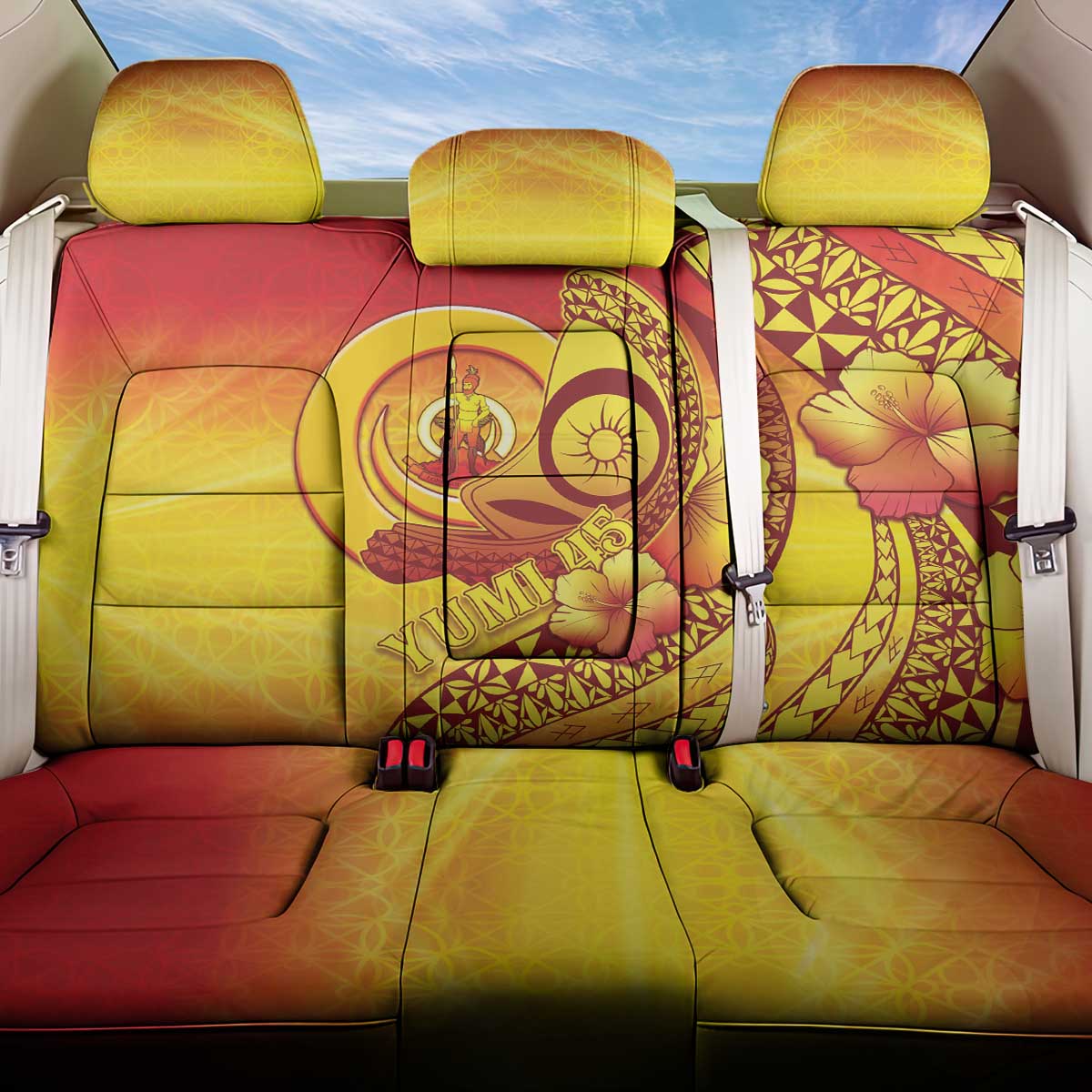 Vanuatu 45 Yia Indipendens Anivesari Back Car Seat Cover Tamtam Drum With Boar Tusk LT05 One Size Yellow - Polynesian Pride