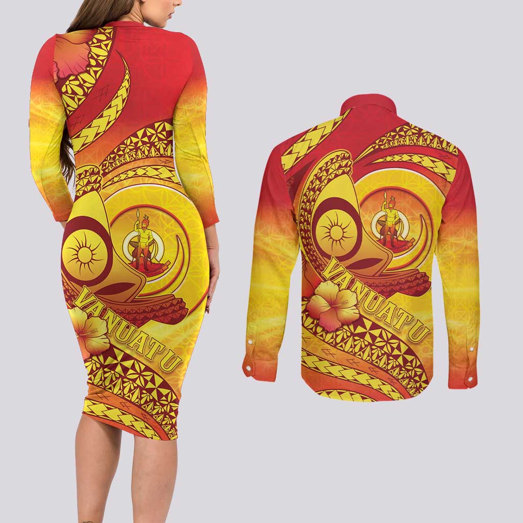 Vanuatu 45 Yia Indipendens Anivesari Couples Matching Long Sleeve Bodycon Dress and Long Sleeve Button Shirt Tamtam Drum With Boar Tusk LT05 - Polynesian Pride