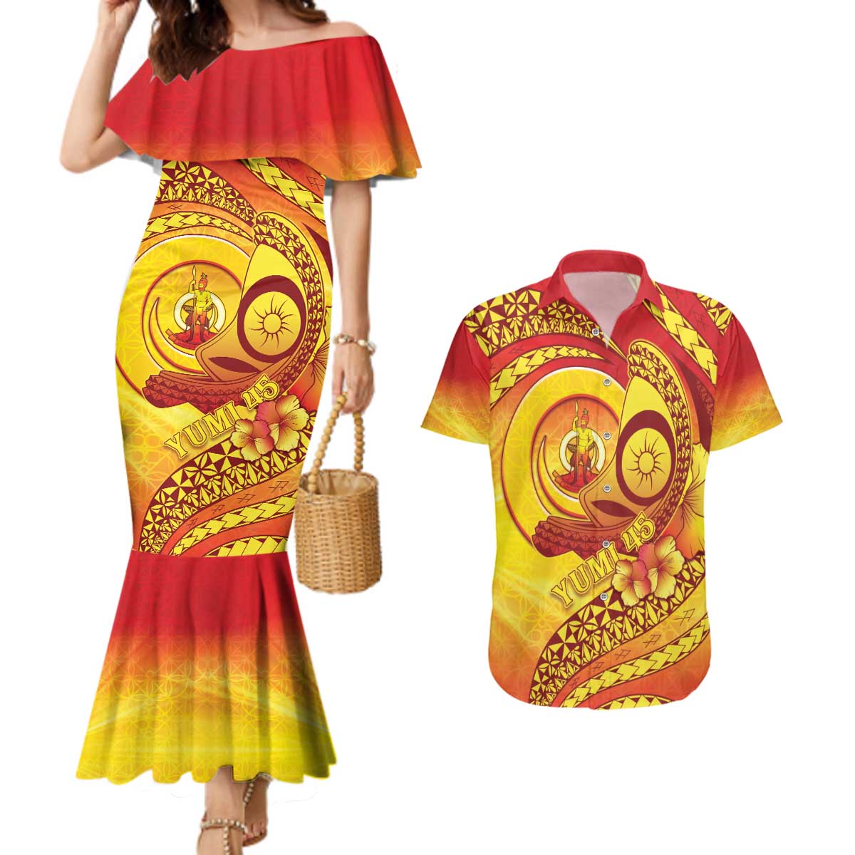 Vanuatu 45 Yia Indipendens Anivesari Couples Matching Mermaid Dress and Hawaiian Shirt Tamtam Drum With Boar Tusk LT05 Yellow - Polynesian Pride