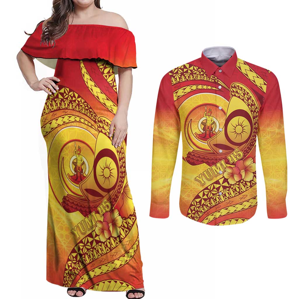 Vanuatu 45 Yia Indipendens Anivesari Couples Matching Off Shoulder Maxi Dress and Long Sleeve Button Shirt Tamtam Drum With Boar Tusk LT05 Yellow - Polynesian Pride