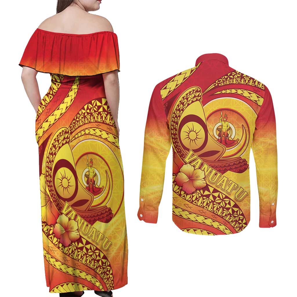 Vanuatu 45 Yia Indipendens Anivesari Couples Matching Off Shoulder Maxi Dress and Long Sleeve Button Shirt Tamtam Drum With Boar Tusk LT05 - Polynesian Pride