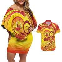 Vanuatu 45 Yia Indipendens Anivesari Couples Matching Off Shoulder Short Dress and Hawaiian Shirt Tamtam Drum With Boar Tusk LT05 Yellow - Polynesian Pride