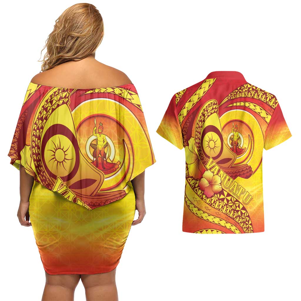 Vanuatu 45 Yia Indipendens Anivesari Couples Matching Off Shoulder Short Dress and Hawaiian Shirt Tamtam Drum With Boar Tusk LT05 - Polynesian Pride