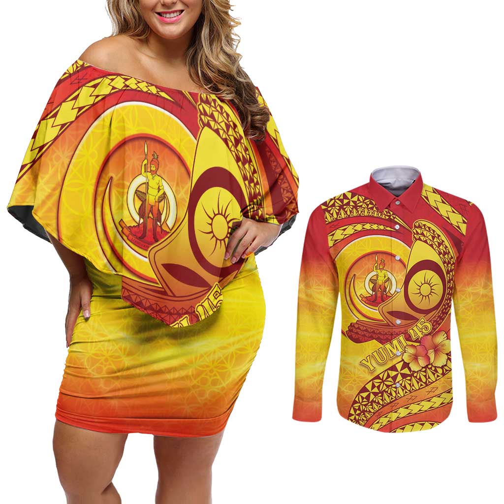 Vanuatu 45 Yia Indipendens Anivesari Couples Matching Off Shoulder Short Dress and Long Sleeve Button Shirt Tamtam Drum With Boar Tusk LT05 Yellow - Polynesian Pride