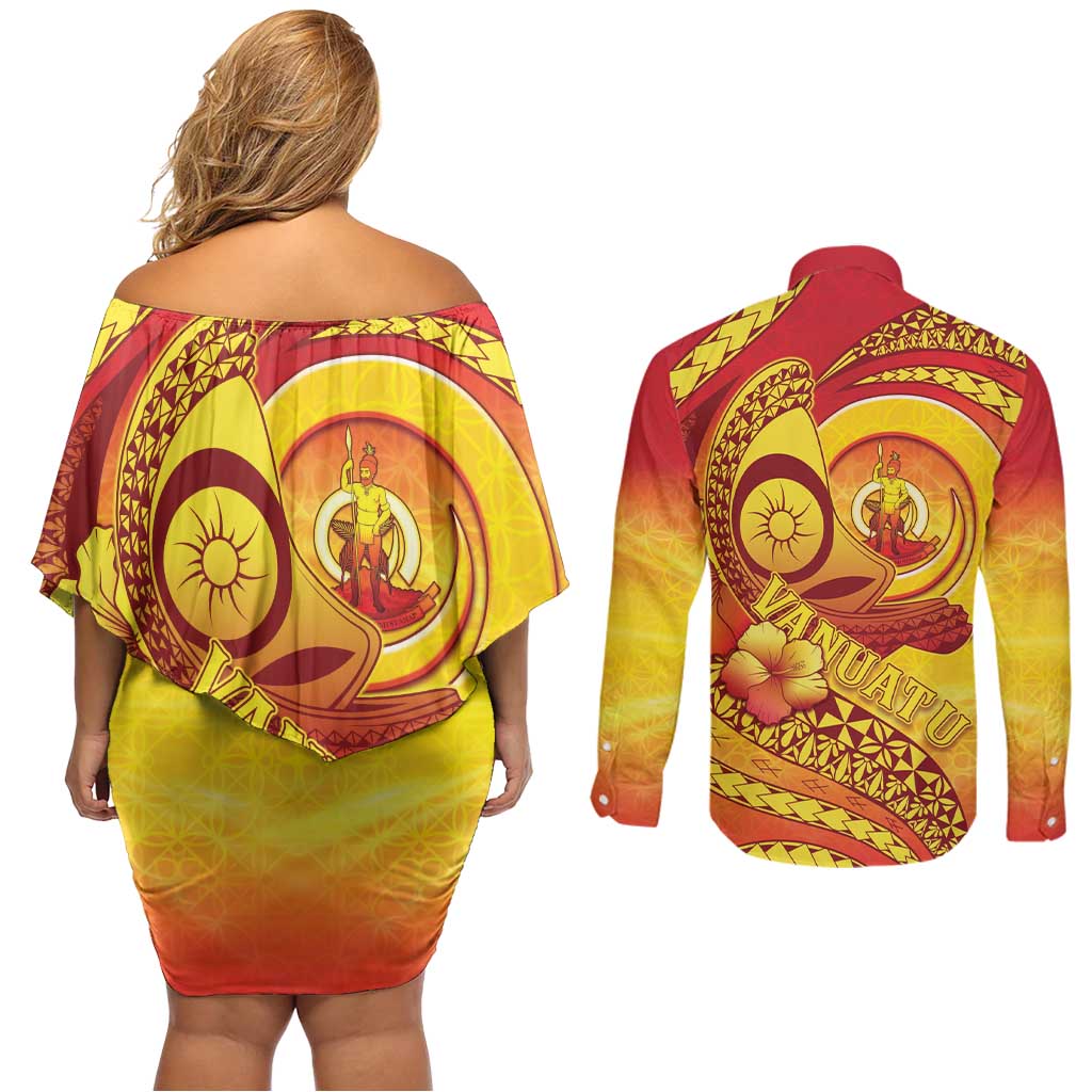 Vanuatu 45 Yia Indipendens Anivesari Couples Matching Off Shoulder Short Dress and Long Sleeve Button Shirt Tamtam Drum With Boar Tusk LT05 - Polynesian Pride