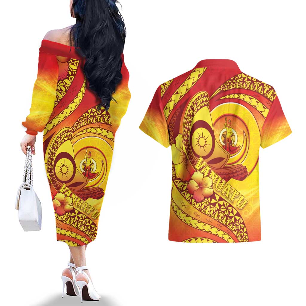 Vanuatu 45 Yia Indipendens Anivesari Couples Matching Off The Shoulder Long Sleeve Dress and Hawaiian Shirt Tamtam Drum With Boar Tusk LT05 - Polynesian Pride