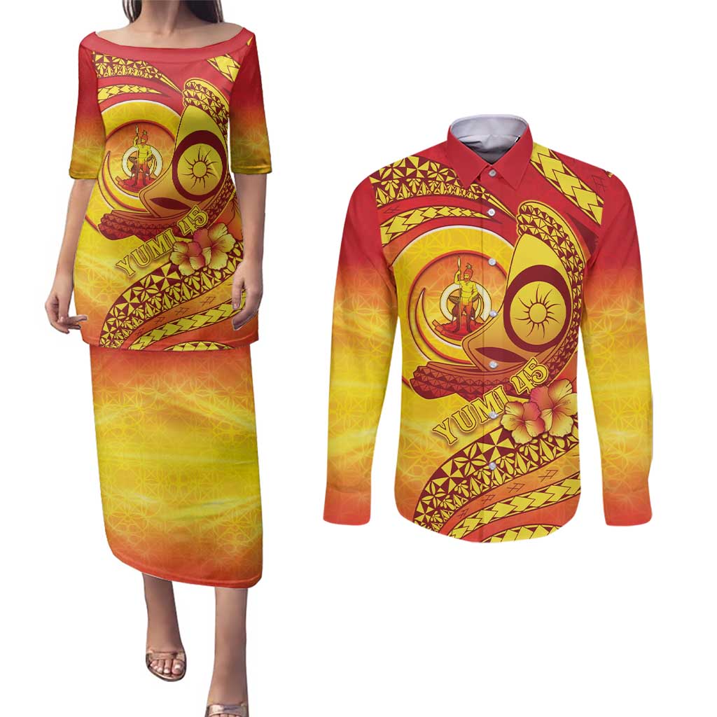 Vanuatu 45 Yia Indipendens Anivesari Couples Matching Puletasi and Long Sleeve Button Shirt Tamtam Drum With Boar Tusk LT05 Yellow - Polynesian Pride