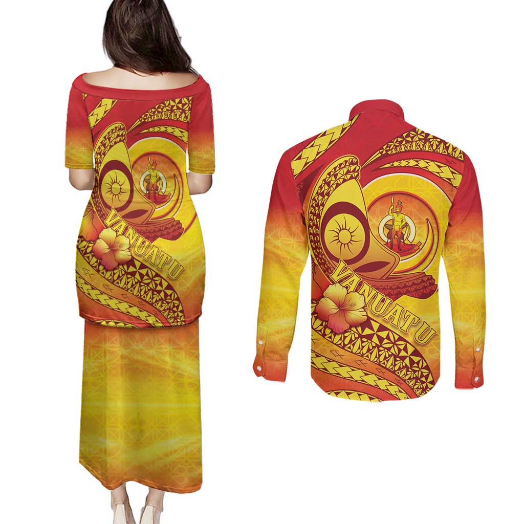 Vanuatu 45 Yia Indipendens Anivesari Couples Matching Puletasi and Long Sleeve Button Shirt Tamtam Drum With Boar Tusk LT05 - Polynesian Pride