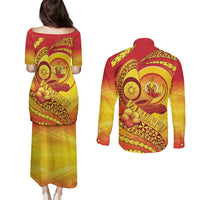 Vanuatu 45 Yia Indipendens Anivesari Couples Matching Puletasi and Long Sleeve Button Shirt Tamtam Drum With Boar Tusk LT05 - Polynesian Pride