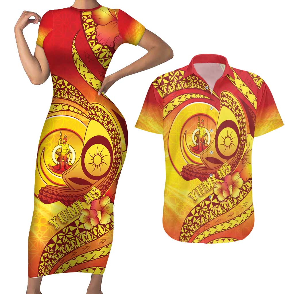 Vanuatu 45 Yia Indipendens Anivesari Couples Matching Short Sleeve Bodycon Dress and Hawaiian Shirt Tamtam Drum With Boar Tusk LT05 Yellow - Polynesian Pride
