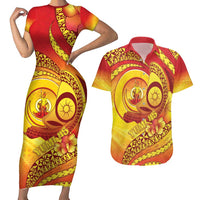 Vanuatu 45 Yia Indipendens Anivesari Couples Matching Short Sleeve Bodycon Dress and Hawaiian Shirt Tamtam Drum With Boar Tusk LT05 Yellow - Polynesian Pride