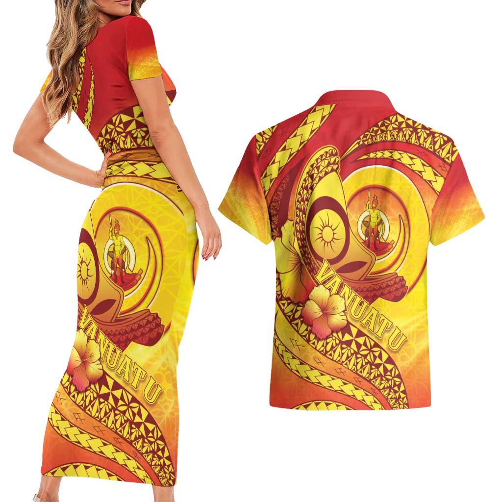 Vanuatu 45 Yia Indipendens Anivesari Couples Matching Short Sleeve Bodycon Dress and Hawaiian Shirt Tamtam Drum With Boar Tusk LT05 - Polynesian Pride