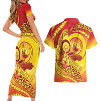 Vanuatu 45 Yia Indipendens Anivesari Couples Matching Short Sleeve Bodycon Dress and Hawaiian Shirt Tamtam Drum With Boar Tusk LT05 - Polynesian Pride