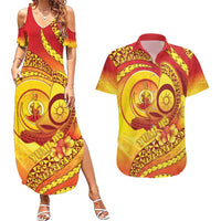 Vanuatu 45 Yia Indipendens Anivesari Couples Matching Summer Maxi Dress and Hawaiian Shirt Tamtam Drum With Boar Tusk LT05 Yellow - Polynesian Pride