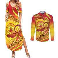 Vanuatu 45 Yia Indipendens Anivesari Couples Matching Summer Maxi Dress and Long Sleeve Button Shirt Tamtam Drum With Boar Tusk LT05 Yellow - Polynesian Pride