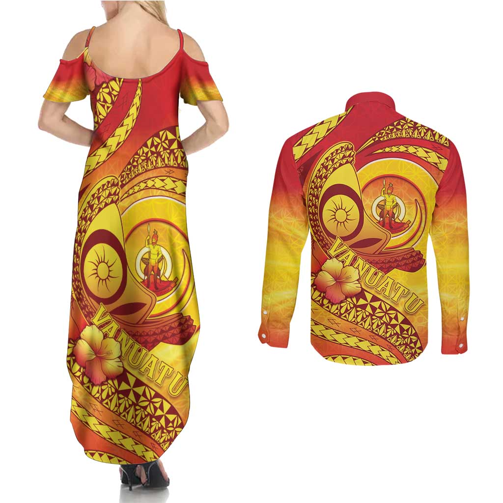 Vanuatu 45 Yia Indipendens Anivesari Couples Matching Summer Maxi Dress and Long Sleeve Button Shirt Tamtam Drum With Boar Tusk LT05 - Polynesian Pride