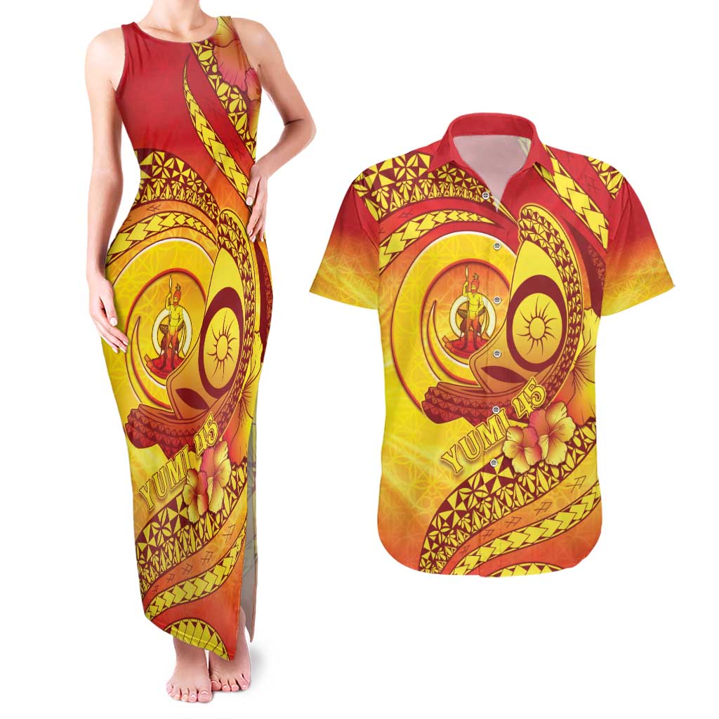 Vanuatu 45 Yia Indipendens Anivesari Couples Matching Tank Maxi Dress and Hawaiian Shirt Tamtam Drum With Boar Tusk LT05 Yellow - Polynesian Pride