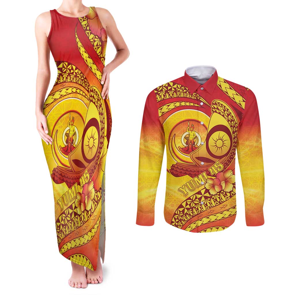 Vanuatu 45 Yia Indipendens Anivesari Couples Matching Tank Maxi Dress and Long Sleeve Button Shirt Tamtam Drum With Boar Tusk LT05 Yellow - Polynesian Pride
