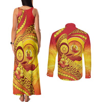 Vanuatu 45 Yia Indipendens Anivesari Couples Matching Tank Maxi Dress and Long Sleeve Button Shirt Tamtam Drum With Boar Tusk LT05 - Polynesian Pride