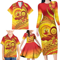 Vanuatu 45 Yia Indipendens Anivesari Family Matching Long Sleeve Bodycon Dress and Hawaiian Shirt Tamtam Drum With Boar Tusk LT05 - Polynesian Pride