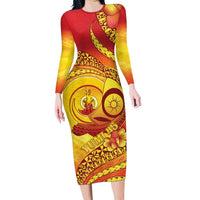 Vanuatu 45 Yia Indipendens Anivesari Family Matching Long Sleeve Bodycon Dress and Hawaiian Shirt Tamtam Drum With Boar Tusk LT05 Mom's Dress Yellow - Polynesian Pride