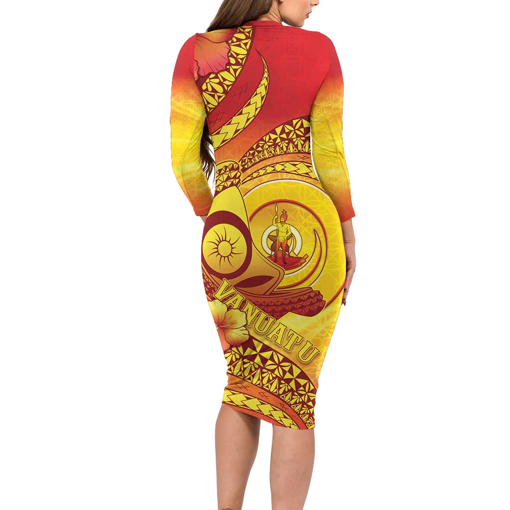 Vanuatu 45 Yia Indipendens Anivesari Family Matching Long Sleeve Bodycon Dress and Hawaiian Shirt Tamtam Drum With Boar Tusk LT05 - Polynesian Pride