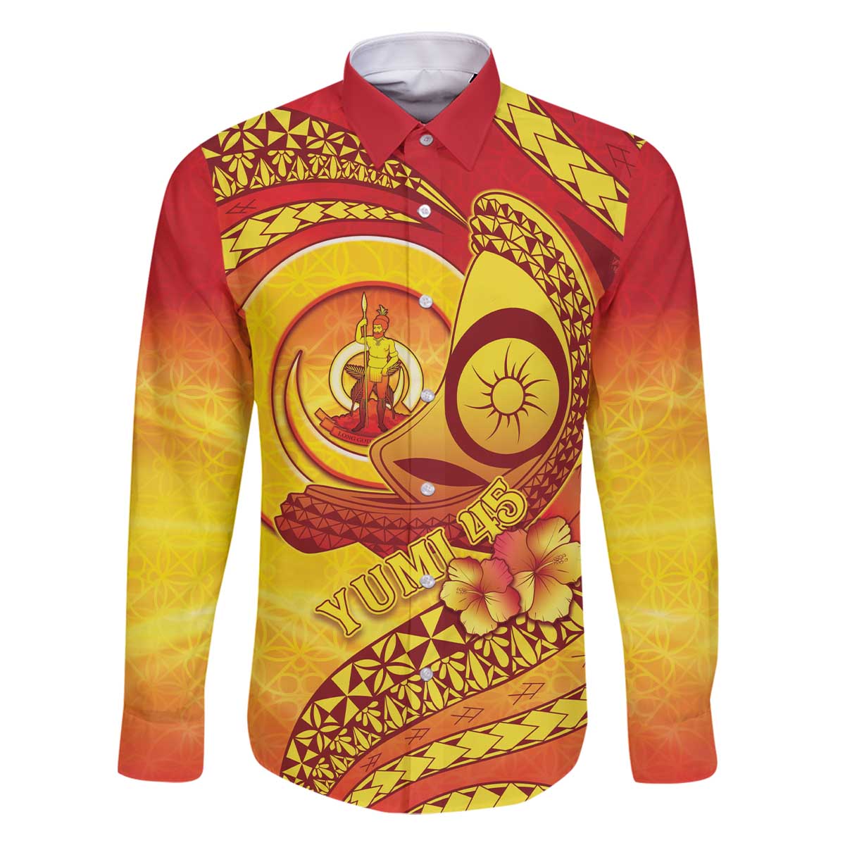 Vanuatu 45 Yia Indipendens Anivesari Family Matching Off The Shoulder Long Sleeve Dress and Hawaiian Shirt Tamtam Drum With Boar Tusk LT05 Dad's Shirt - Long Sleeve Yellow - Polynesian Pride