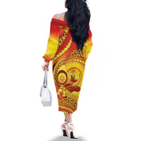 Vanuatu 45 Yia Indipendens Anivesari Family Matching Off The Shoulder Long Sleeve Dress and Hawaiian Shirt Tamtam Drum With Boar Tusk LT05 - Polynesian Pride