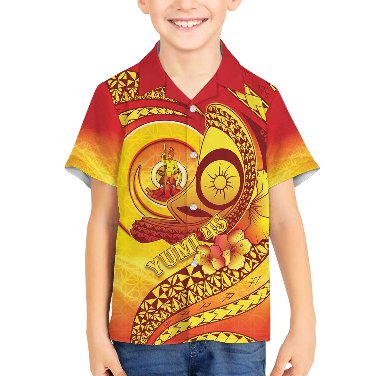 Vanuatu 45 Yia Indipendens Anivesari Family Matching Off The Shoulder Long Sleeve Dress and Hawaiian Shirt Tamtam Drum With Boar Tusk LT05 Son's Shirt Yellow - Polynesian Pride