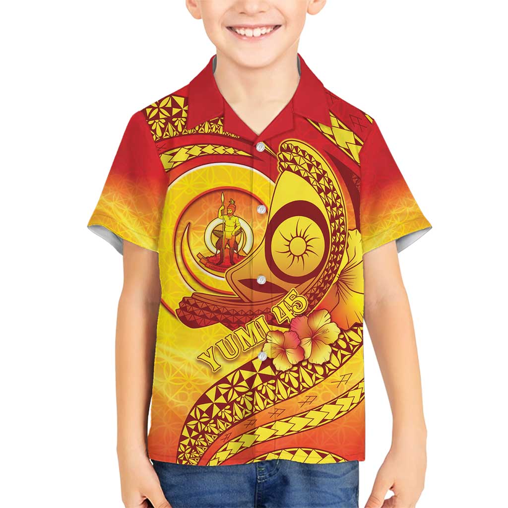 Vanuatu 45 Yia Indipendens Anivesari Family Matching Off Shoulder Maxi Dress and Hawaiian Shirt Tamtam Drum With Boar Tusk LT05 Son's Shirt Yellow - Polynesian Pride