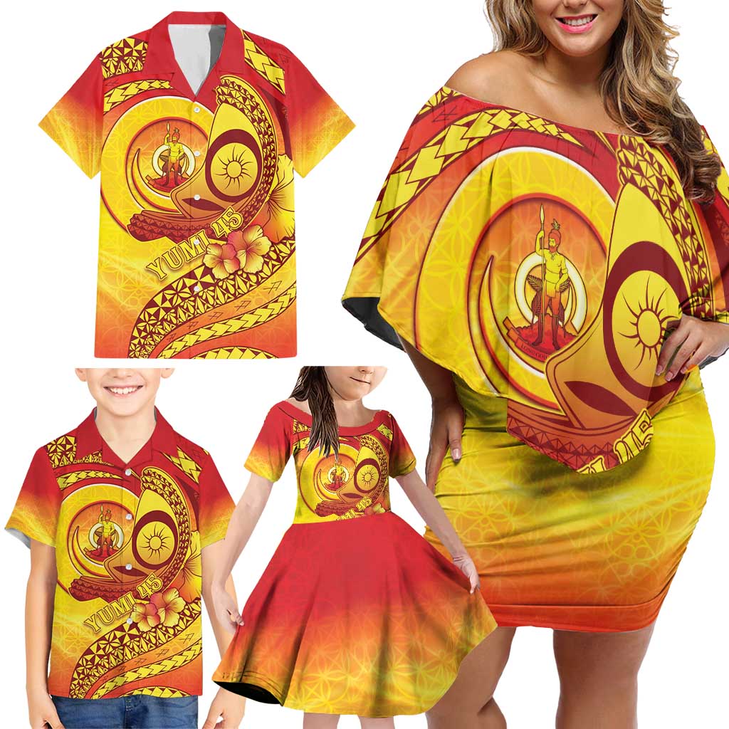 Vanuatu 45 Yia Indipendens Anivesari Family Matching Off Shoulder Short Dress and Hawaiian Shirt Tamtam Drum With Boar Tusk LT05 - Polynesian Pride