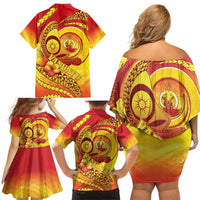 Vanuatu 45 Yia Indipendens Anivesari Family Matching Off Shoulder Short Dress and Hawaiian Shirt Tamtam Drum With Boar Tusk LT05 - Polynesian Pride