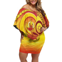Vanuatu 45 Yia Indipendens Anivesari Family Matching Off Shoulder Short Dress and Hawaiian Shirt Tamtam Drum With Boar Tusk LT05 Mom's Dress Yellow - Polynesian Pride