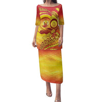 Vanuatu 45 Yia Indipendens Anivesari Family Matching Puletasi and Hawaiian Shirt Tamtam Drum With Boar Tusk LT05 Mom's Dress Yellow - Polynesian Pride