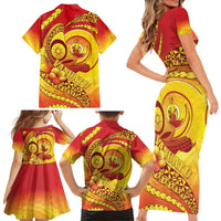 Vanuatu 45 Yia Indipendens Anivesari Family Matching Short Sleeve Bodycon Dress and Hawaiian Shirt Tamtam Drum With Boar Tusk LT05 - Polynesian Pride