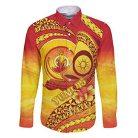 Vanuatu 45 Yia Indipendens Anivesari Family Matching Short Sleeve Bodycon Dress and Hawaiian Shirt Tamtam Drum With Boar Tusk LT05 Dad's Shirt - Long Sleeve Yellow - Polynesian Pride