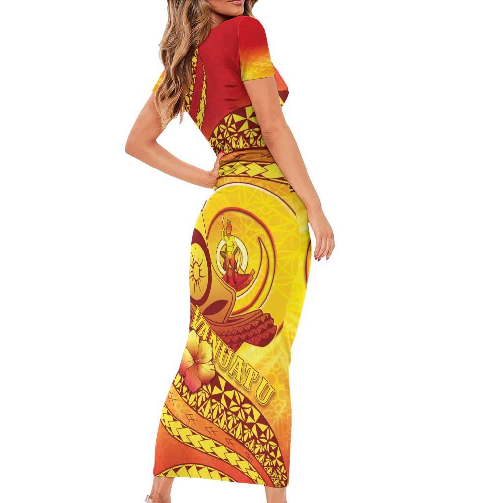 Vanuatu 45 Yia Indipendens Anivesari Family Matching Short Sleeve Bodycon Dress and Hawaiian Shirt Tamtam Drum With Boar Tusk LT05 - Polynesian Pride
