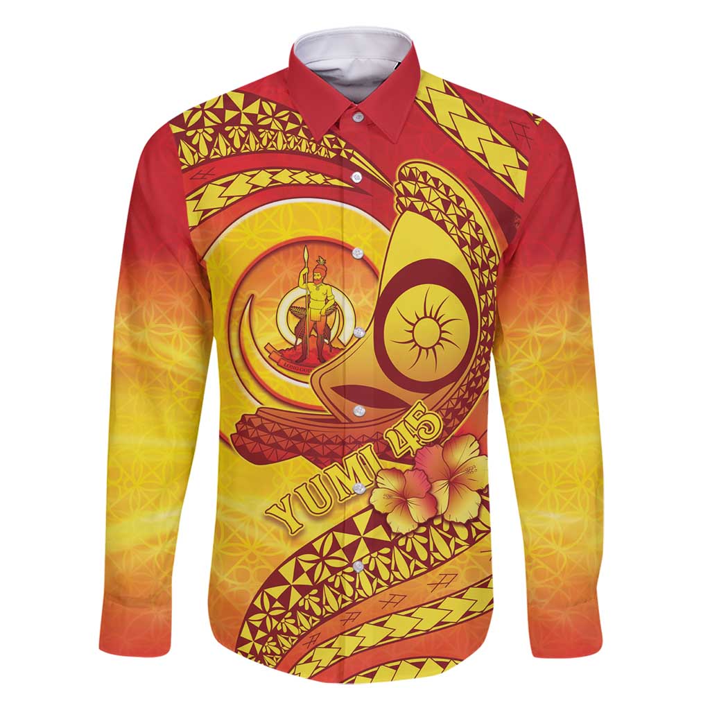 Vanuatu 45 Yia Indipendens Anivesari Family Matching Summer Maxi Dress and Hawaiian Shirt Tamtam Drum With Boar Tusk LT05 Dad's Shirt - Long Sleeve Yellow - Polynesian Pride