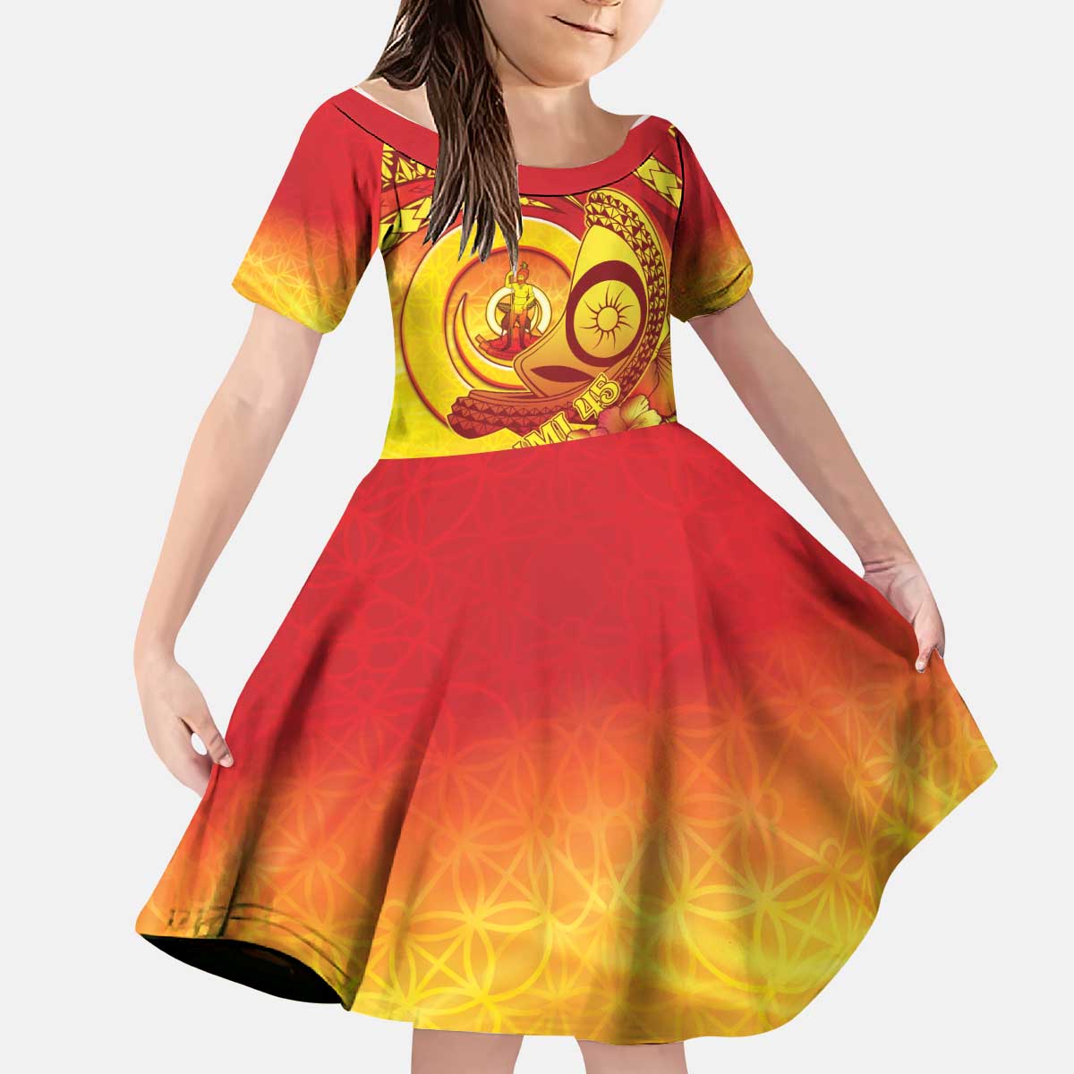 Vanuatu 45 Yia Indipendens Anivesari Kid Short Sleeve Dress Tamtam Drum With Boar Tusk LT05 KID Yellow - Polynesian Pride