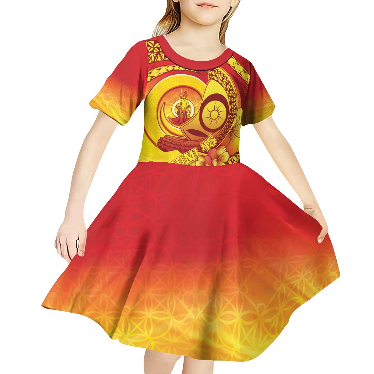Vanuatu 45 Yia Indipendens Anivesari Kid Short Sleeve Dress Tamtam Drum With Boar Tusk LT05 - Polynesian Pride