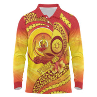 Vanuatu 45 Yia Indipendens Anivesari Long Sleeve Polo Shirt Tamtam Drum With Boar Tusk LT05 Yellow - Polynesian Pride