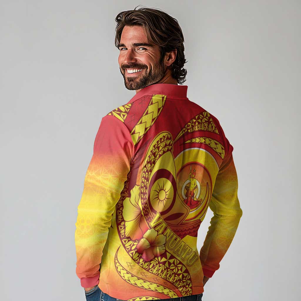 Vanuatu 45 Yia Indipendens Anivesari Long Sleeve Polo Shirt Tamtam Drum With Boar Tusk LT05 - Polynesian Pride