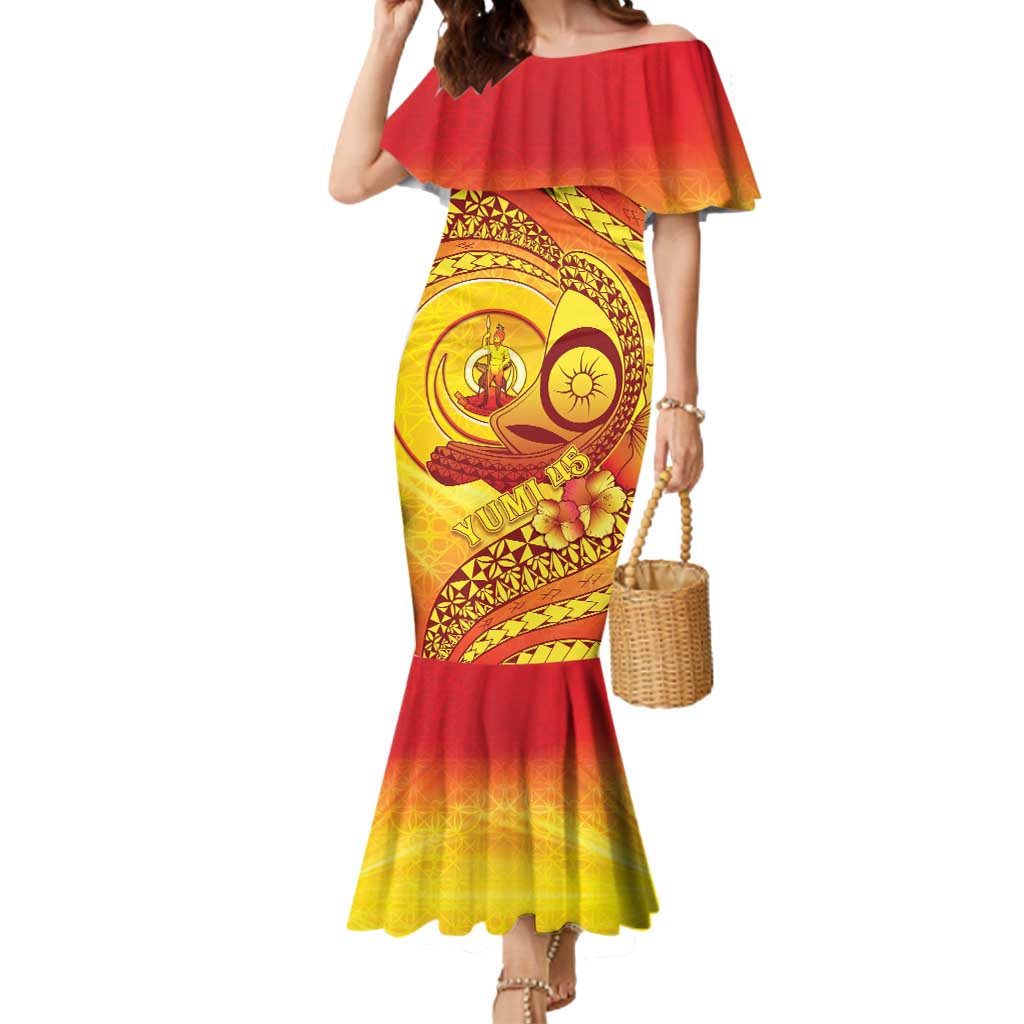 Vanuatu 45 Yia Indipendens Anivesari Mermaid Dress Tamtam Drum With Boar Tusk LT05 Women Yellow - Polynesian Pride