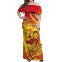 Vanuatu 45 Yia Indipendens Anivesari Off Shoulder Maxi Dress Tamtam Drum With Boar Tusk LT05 Women Yellow - Polynesian Pride