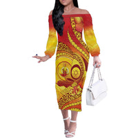 Vanuatu 45 Yia Indipendens Anivesari Off The Shoulder Long Sleeve Dress Tamtam Drum With Boar Tusk LT05 Women Yellow - Polynesian Pride